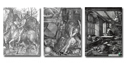 Dürer: tres grabados de Alquimia: El caballero, la muerte y el diablo, La Melancolía y San Jerónimo